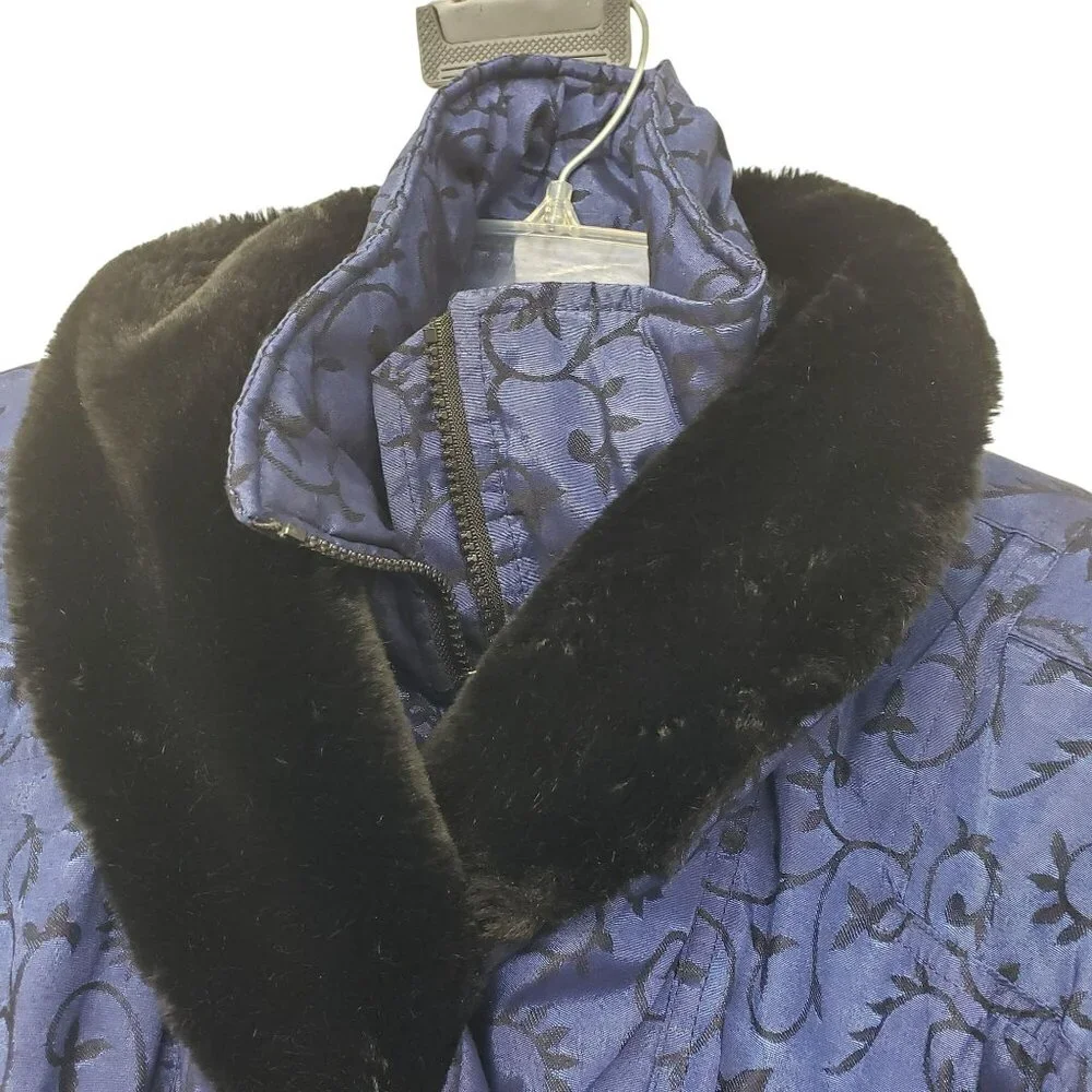 Vintage Nils Down Fill Ski Jacket Winter Coat Fur Trim Blue Jacquard Print Retro - Picture 16 of 16